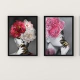 Quadros Mulher E Flores Rosas 45x34cm - Madeira Preta