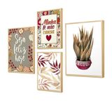 Kit 4 Quadros Frases Fé Plantas Sala - 88x64cm