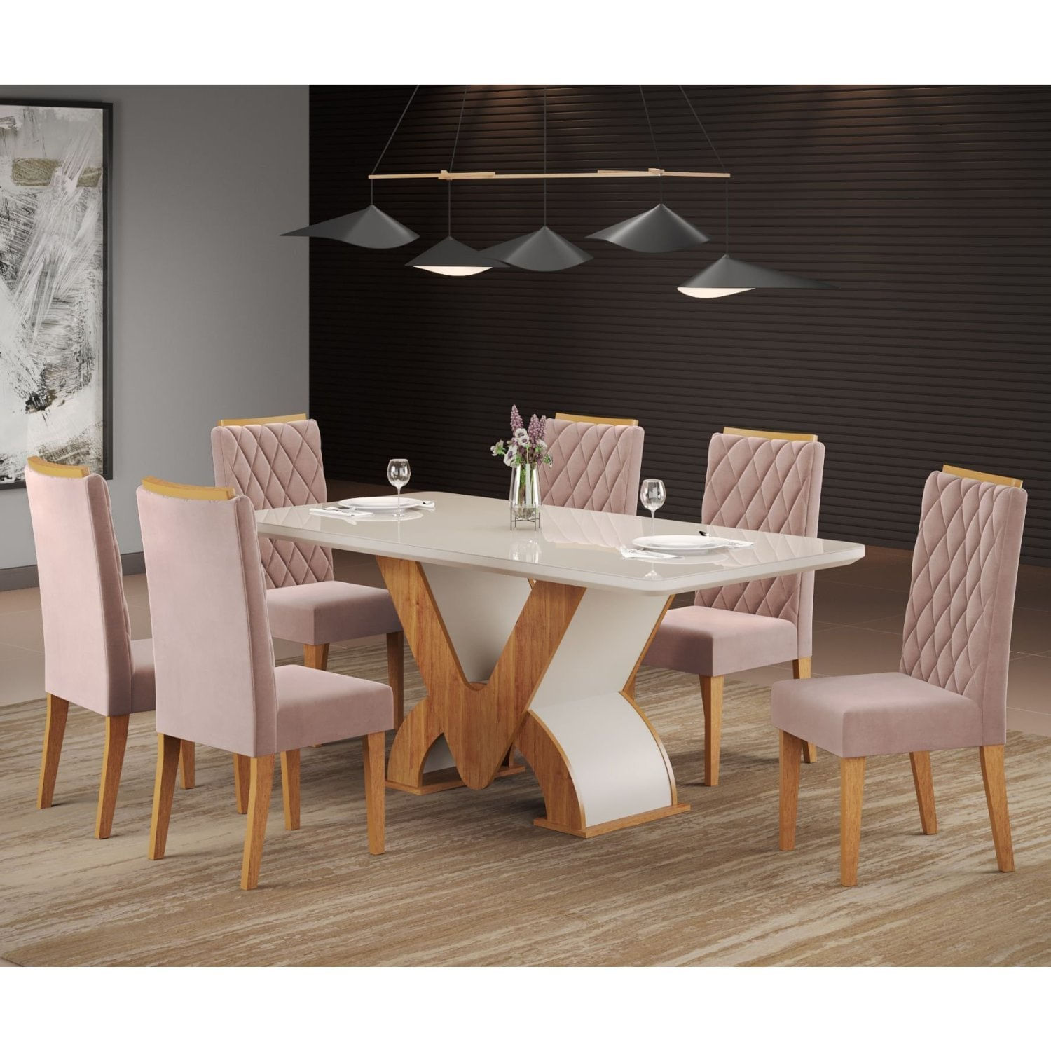 Conjunto Sala De Jantar Mesa Retangular Novita Com 6 Cadeiras Iza Mel/off White/rosa