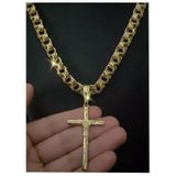 Cordão Friso 12mm + Pingente Cruz - Banhado Ouro - Zircônias