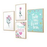 Kit 4 Quadros Decoração Flores Fé Frases - Elegância