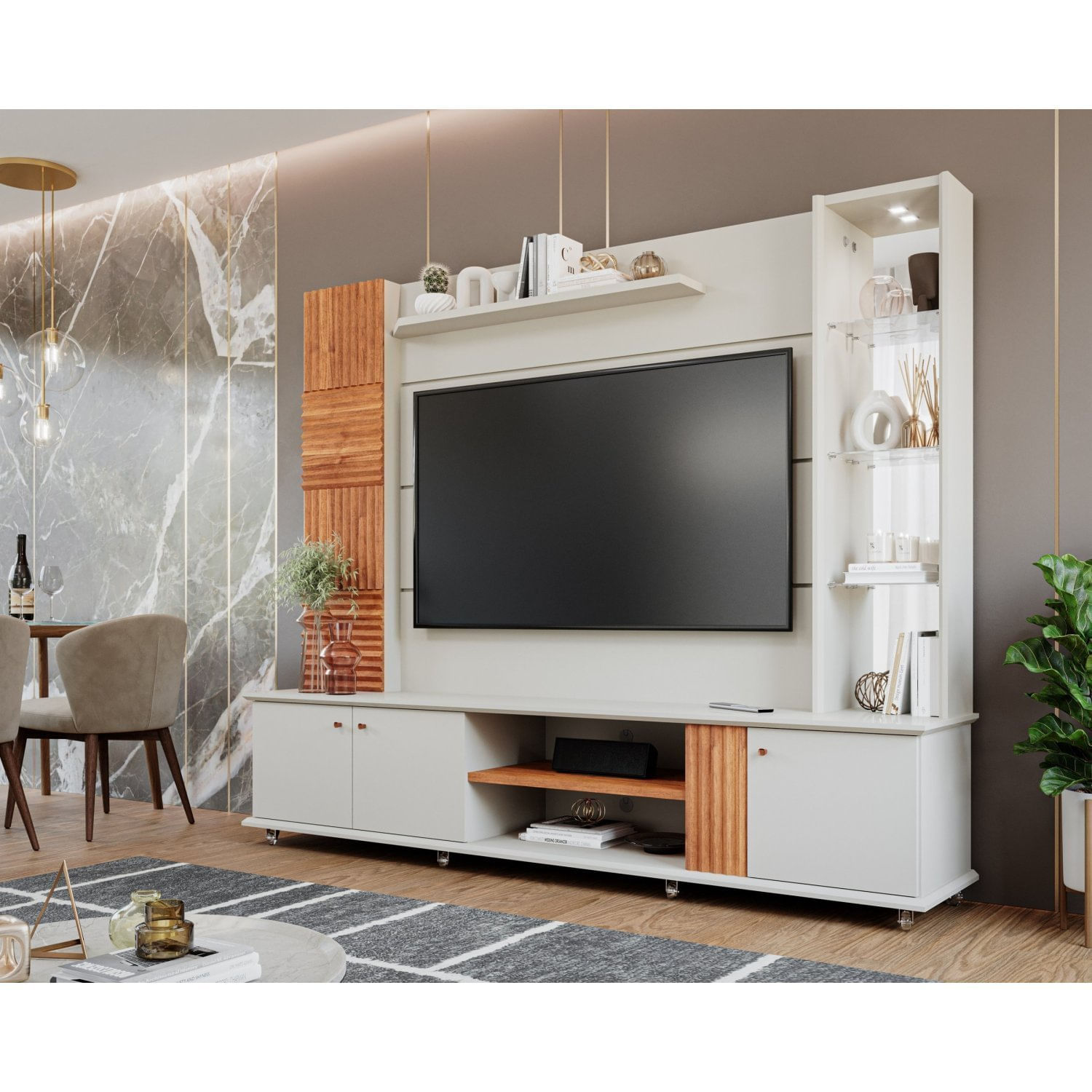 Estante Home Para Tv Até 60 Polegadas Com Led 3 Portas Bahamas Off White/cinamomo