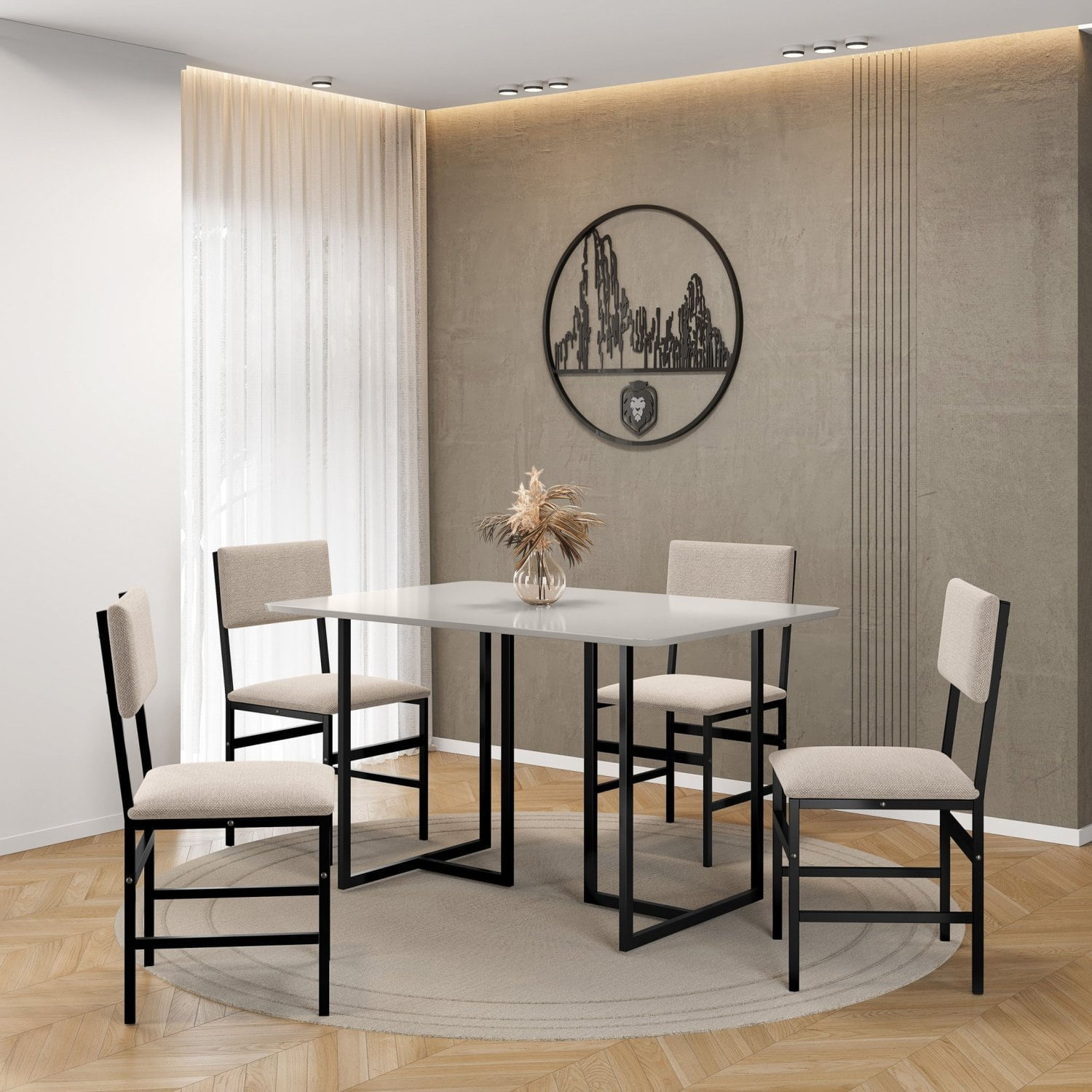 Conjunto Para Sala De Jantar 118x80 Tampo Mdf Com 4 Cadeiras Belle Preto/off White/bege