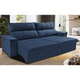 Sofá Retrátil E Reclinável 2,30m Cama Inbox Flórida Com Molas E Bordado 3d Velusoft Azul
