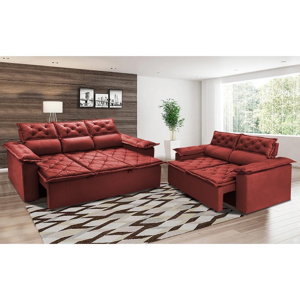 Conjunto De Sofá 3 E 2 Lugares Retrátil Reclinável Cama Inbox Compact 2,00x1,50m Velusoft Vermelho