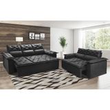 Conjunto De Sofá 3 E 2 Lugares Retrátil E Reclinável Cama Inbox Compact 2,00x1,50m Velusoft Preto