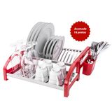 Escorredor 16 Pratos Inox Vermelho Moderno 15x44,8x41,5cm