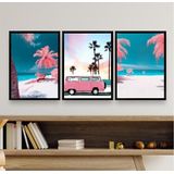 Kit 3 Quadros Decorativos Praia Kombi Rosa 24x18cm