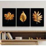 Kit 3 Quadros Sala Folhas Douradas 45x34cm Madeira Preta