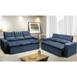 Conjunto De Sofá 3 E 2 Lugares Retrátil E Reclinável Cama Inbox Slim 2,00x1,50m Velusoft Azul