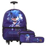 Mochila Escolar Infantil Sonic Rodinhas Kit Completo