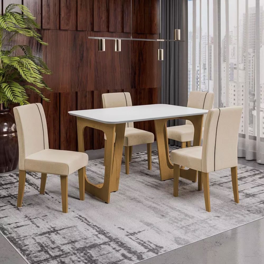 Mesa De Jantar Dobuê Áustria 136x90 Com 4 Cadeiras Estofadas