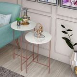 Conjunto Mesa Lateral Luxo Redonda Para Sala E Quarto Lírio Off White Base Rosê Gold - Branco