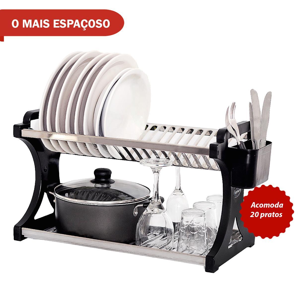 Escorredor De Pratos Alto Preto Inox 20 Pratos