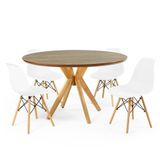 Conjunto Mesa De Jantar Redonda Marci Premium Natural 120cm Com 4 Cadeiras Eames Eiffel - Branco