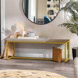 Banco Recamier Puff London 195cm Industrial Dourado Corino Bege Tampo Quadrado Mdf Madeira