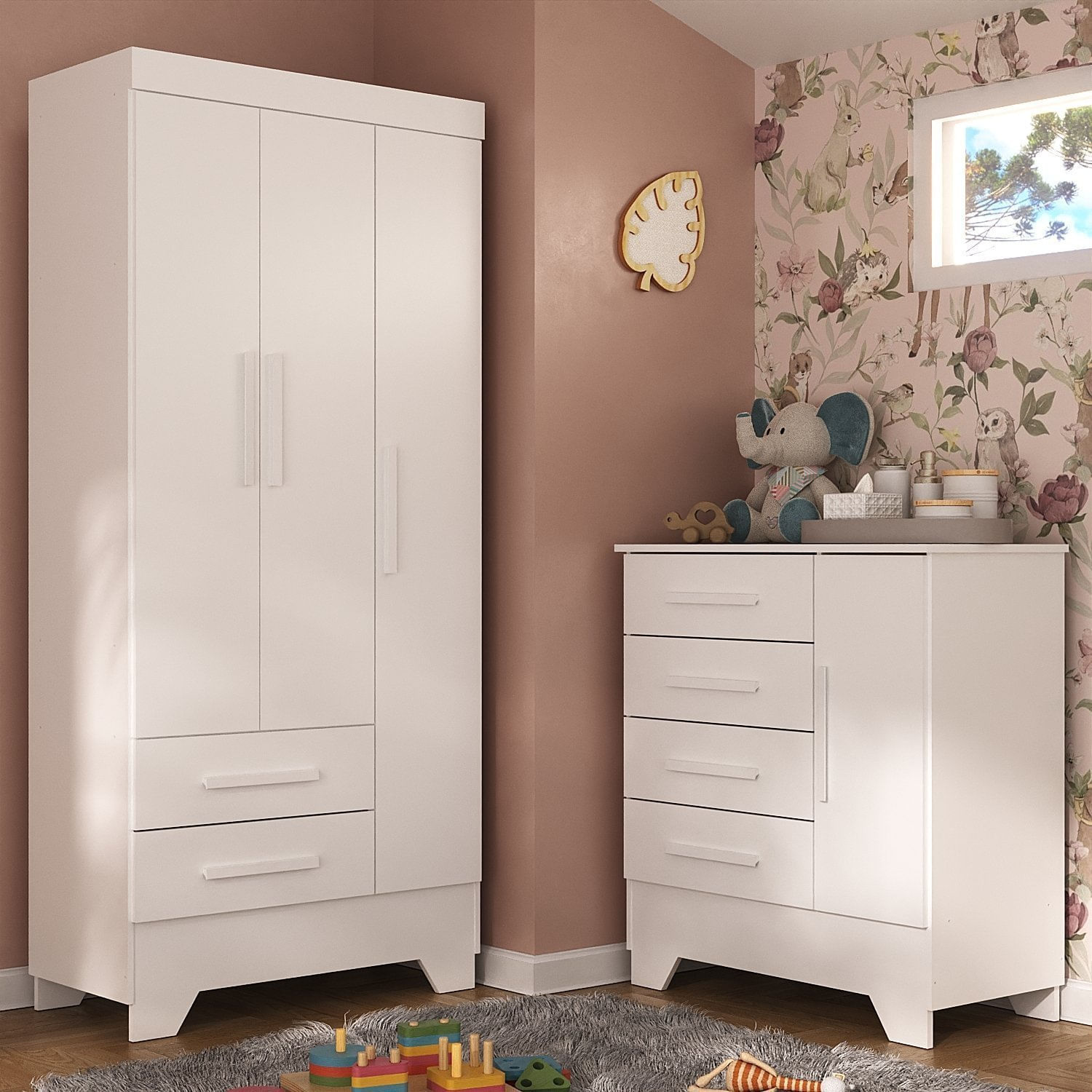 Quarto Infantil Completo Guarda Roupa 3 Portas 2 Gavetas Com Cômoda Selene Branco