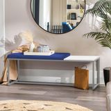 Banco Recamier Puff London 160cm Industrial Prata Sintético Azul Marinho Tampo Quadrado Mdf Branco