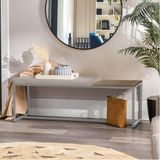 Banco Recamier Puff London 160cm Industrial Prata Corino Bege Tampo Quadrado Mdf Marmorizado
