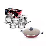 KIT - Jogo de Panelas Solar 6pçs inox + Panela Wok Alumínio Paris 36cm Vermelha - Tramontina