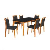 Mesa Jantar Jade 160x90cm Preto Com 6 Cadeiras Estofadas Veludo Preto Base Madeira Maciça Mel