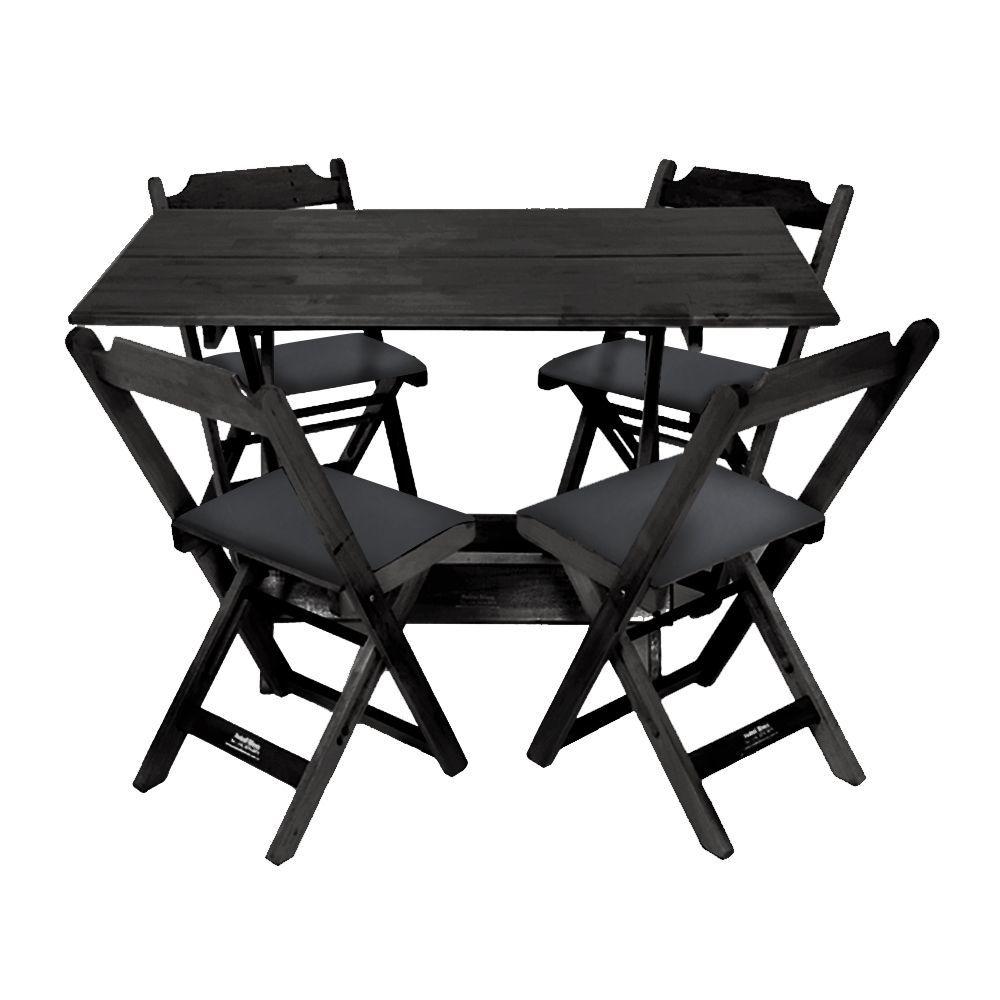 Conjunto De Mesa Dobravel De Madeira 120x70 Com 4 Cadeiras Preto Estofado Preto - Preto