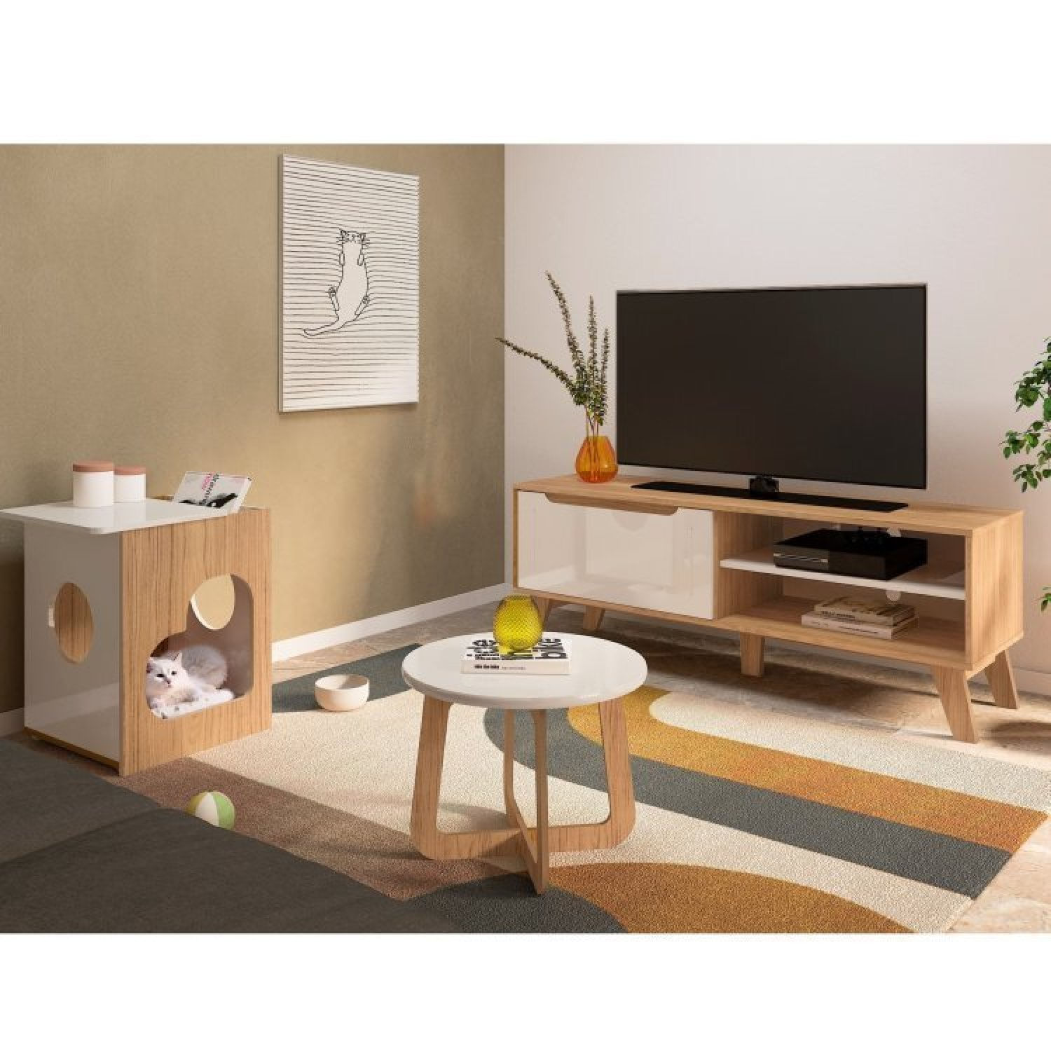 Sala De Estar Completa Rack Com Mesa De Centro E Mesa De Apoio Lotus Jasmin Discovery Carvalho/off White