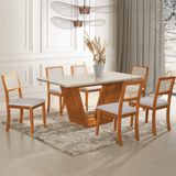 Mesa Jantar Safira 160x90 Off White Com 6 Cadeiras Palha Em Linho Bege Telinha Madeira Maciça Mel