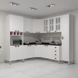 Armário De Cozinha Completa 8 Peças Com Tampos Espaço Para Forno E Vidro Cristal Luciane Móveis Branco Polar Com Branco Pet E Preto