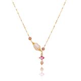 Colar Chocker com Pedras Coloridas Pink, Rosa e Branca e Pérola Barroca em Banho de Ouro Artllure