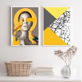 Kit 2 Quadros Cinza/amarelo Mulher Pássaros 45x34cm