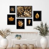 Kit 6 Quadros Folhas Douradas Fundo Preto - Com Vidro