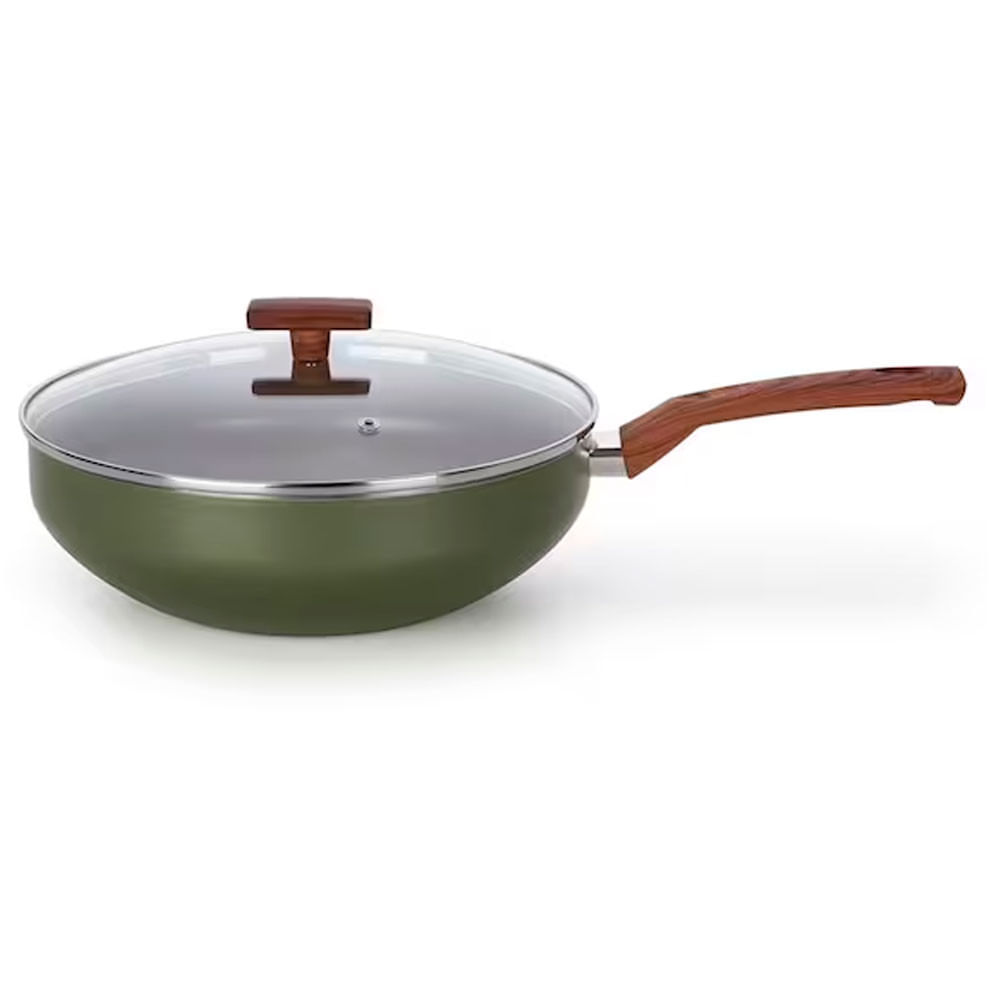 Frigideira Wok Multiflon Eté Com Antiaderente Ultra 7 Verde E Tampa 28 Cm