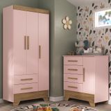 Quarto Infantil Completo Guarda Roupa 3 Portas 2 Gavetas Com Cômoda Selene Espresso Móveis Rosa Fosco/nature