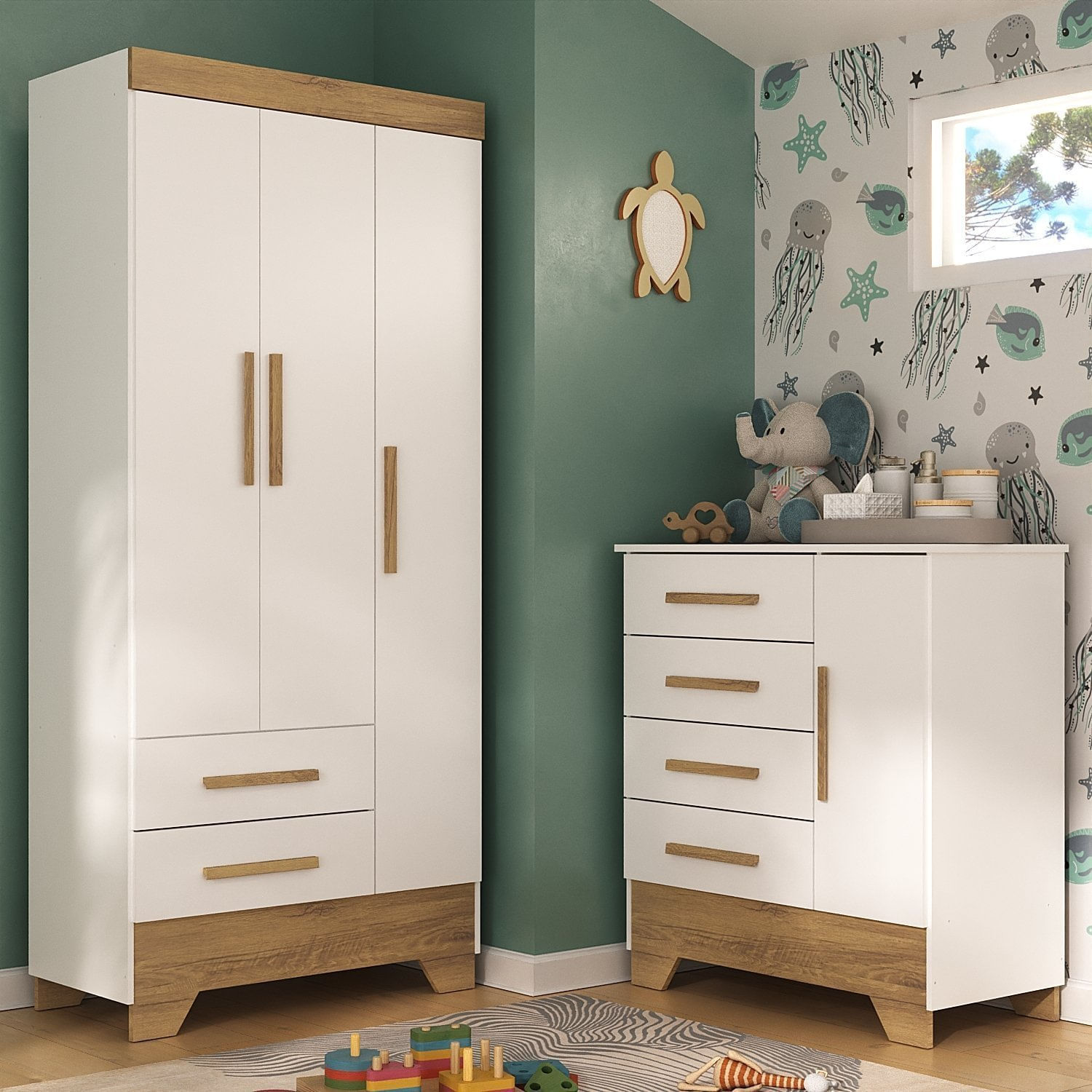 Quarto Infantil Completo Guarda Roupa 3 Portas 2 Gavetas Com Cômoda Selene Espresso Móveis Branco Fosco/nature