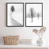 Kit 2 Quadros Paisagens Neve Árvores 24x18cm - Vidro, Moldura Branca