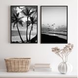 Kit 2 Quadros Decorativos Praia P&amp;b 24x18cm - Vidro, Moldura Branca