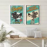 Quadros Sala De Cinema Retrô Azul 24x18cm - Vidro, Moldura Preta