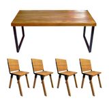 Conjunto Mesa Industrial Bernardo Madeira Maciça 1,20mx80cm C- Ferragem Preta E 4 Cadeiras Detroit Marrom