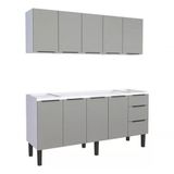 Conjunto Cozinha Jupter 100% Aço 1.80 Mt -gabinete + Armario Aereo 5 Portas - Cozimax Cinza-branco