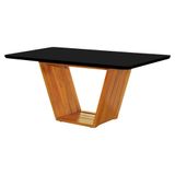 Mesa De Jantar Retangular 160x90 Mdf-vidro Para 6 Lugares Pés Madeira Maciça Safira - Mel-preto