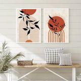 Quadros Decorativos Boho Sol Folhas Terracota 45x34cm - Madeira Branca