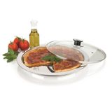 Prato Para Servir Pizza Aço Inox Com Tampa De Vidro Multiuso Mesa Redondo Travessa Forma