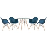 Mesa Redonda Eames Com Tampo De Vidro 90 Cm + 4 Cadeiras Eiffel Daw Azul-petróleo Azul-petróleo