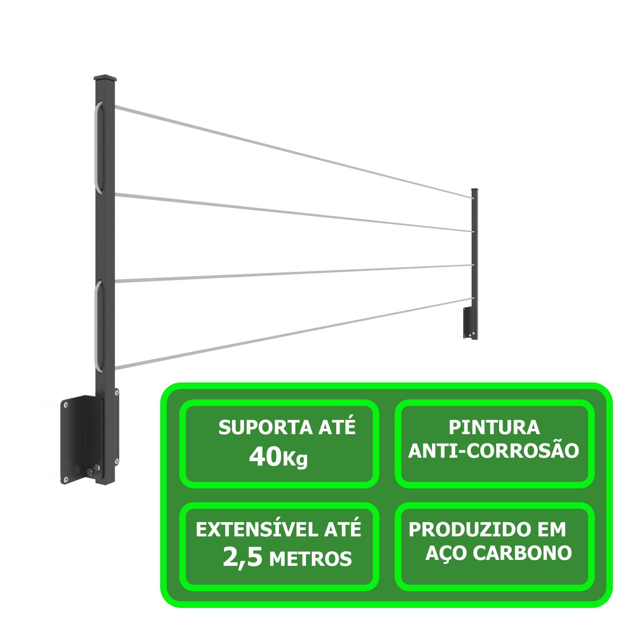 Varal Retrátil 2,5m Preto - Aço Carbono - Suporta 40kg - Kit Montagem - Comprar Móveis Em Casa