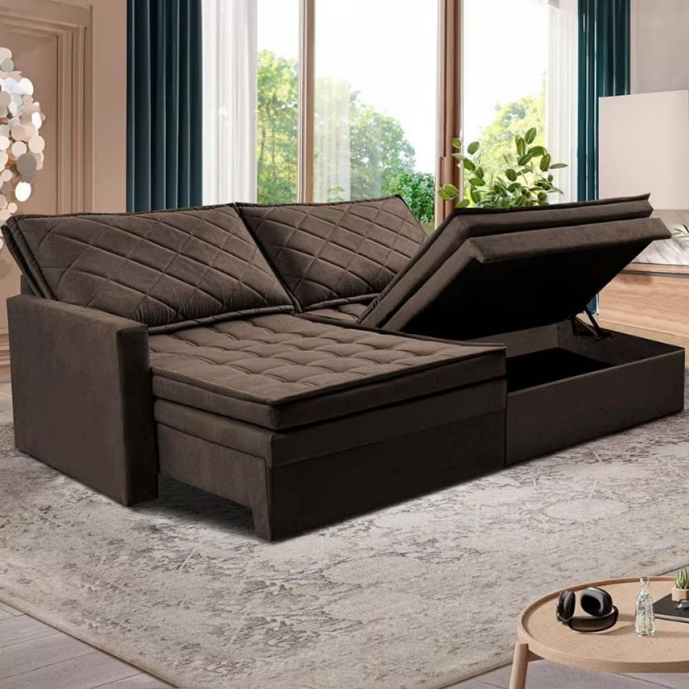 Sofá 3 Lugares Cama Inbox Marselha 180cm Retrátil Com Baú E Revestimento Suede Velusoft