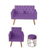 Kit Sofá 2 Lugares E Poltrona Para Sala Bianca Capitonê E Puff Babu Suede Roxo