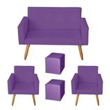 Kit Namoradeira 2 Lugares E 2 Poltrona Para Escritorio Nina Com 2 Puff Quadrado Suede Roxo- Móveis Mafer