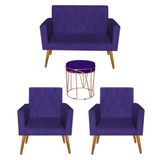 Kit Namoradeira E 2 Poltronas Decocativas Thais Capitonê E Puff Aramado Suede Roxo