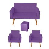 Kit Namoradeira 2 Lugares E 2 Poltrona Para Escritorio Nina Com Puff Quadrado Suede Roxo- Móveis Mafer